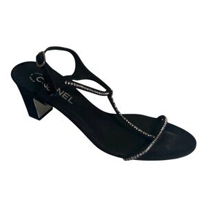 CHANEL Black Heeled Sandals with Silver Accents